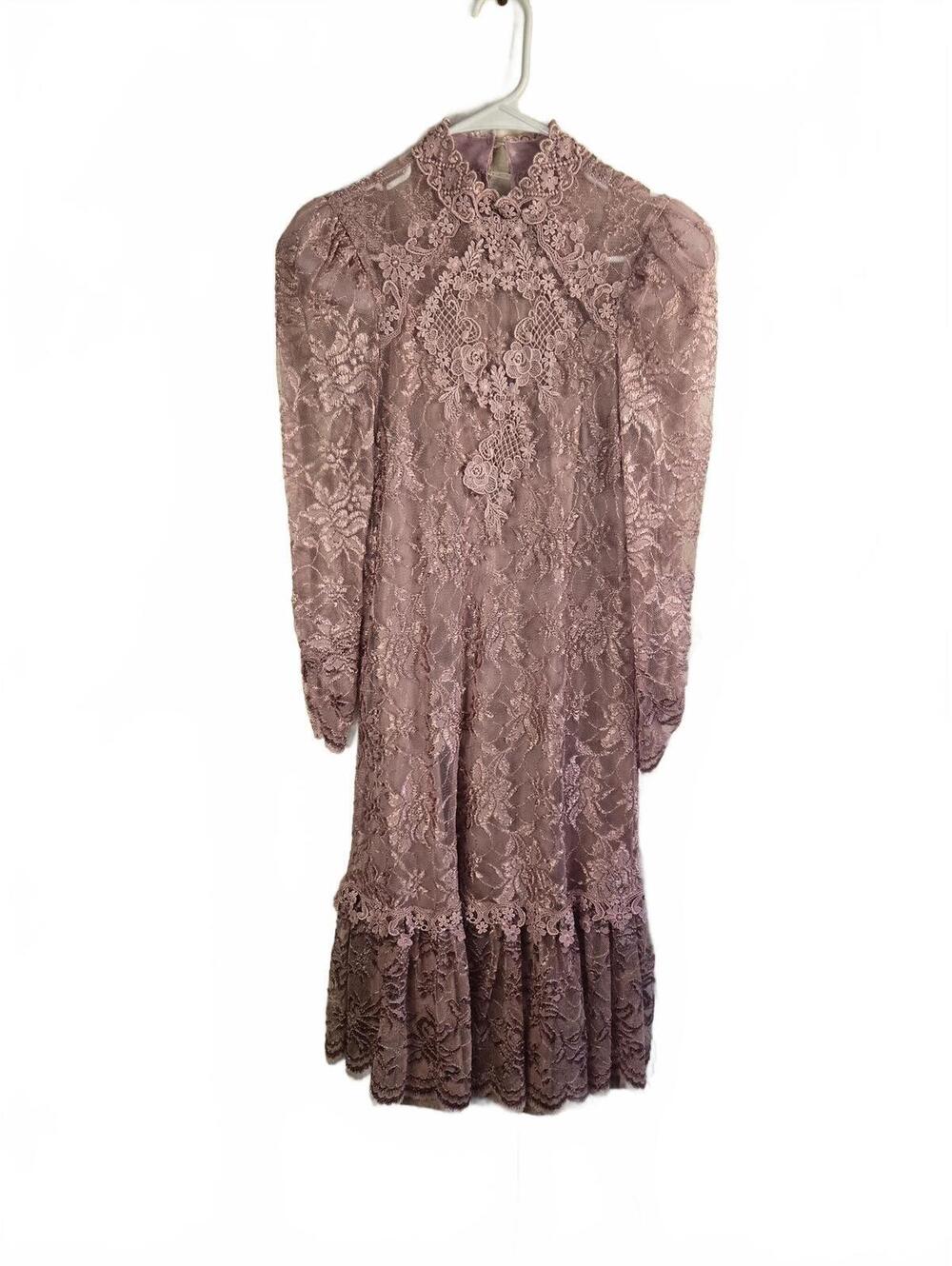 Vintage Lace Long Sleeve Dress with High Neck and Ruffled Hem